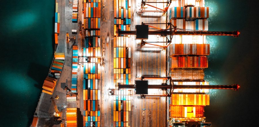 Illuminated container terminal at a multimodal freight hub