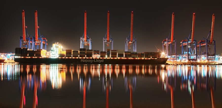 Container vessel docked at the Port of Poti, Georgia, at night