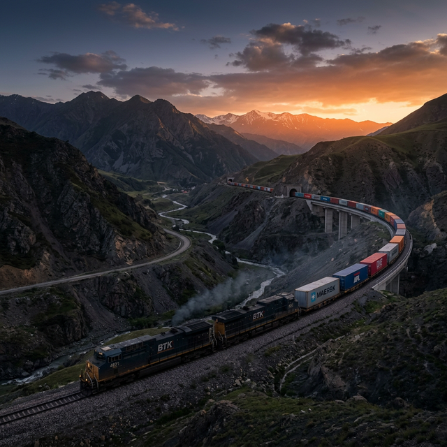 BTK Railway freight train passing through Caucasus mountains