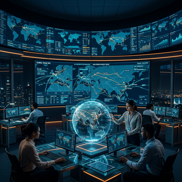 Digital logistics control room tracking cargo across the Middle Corridor